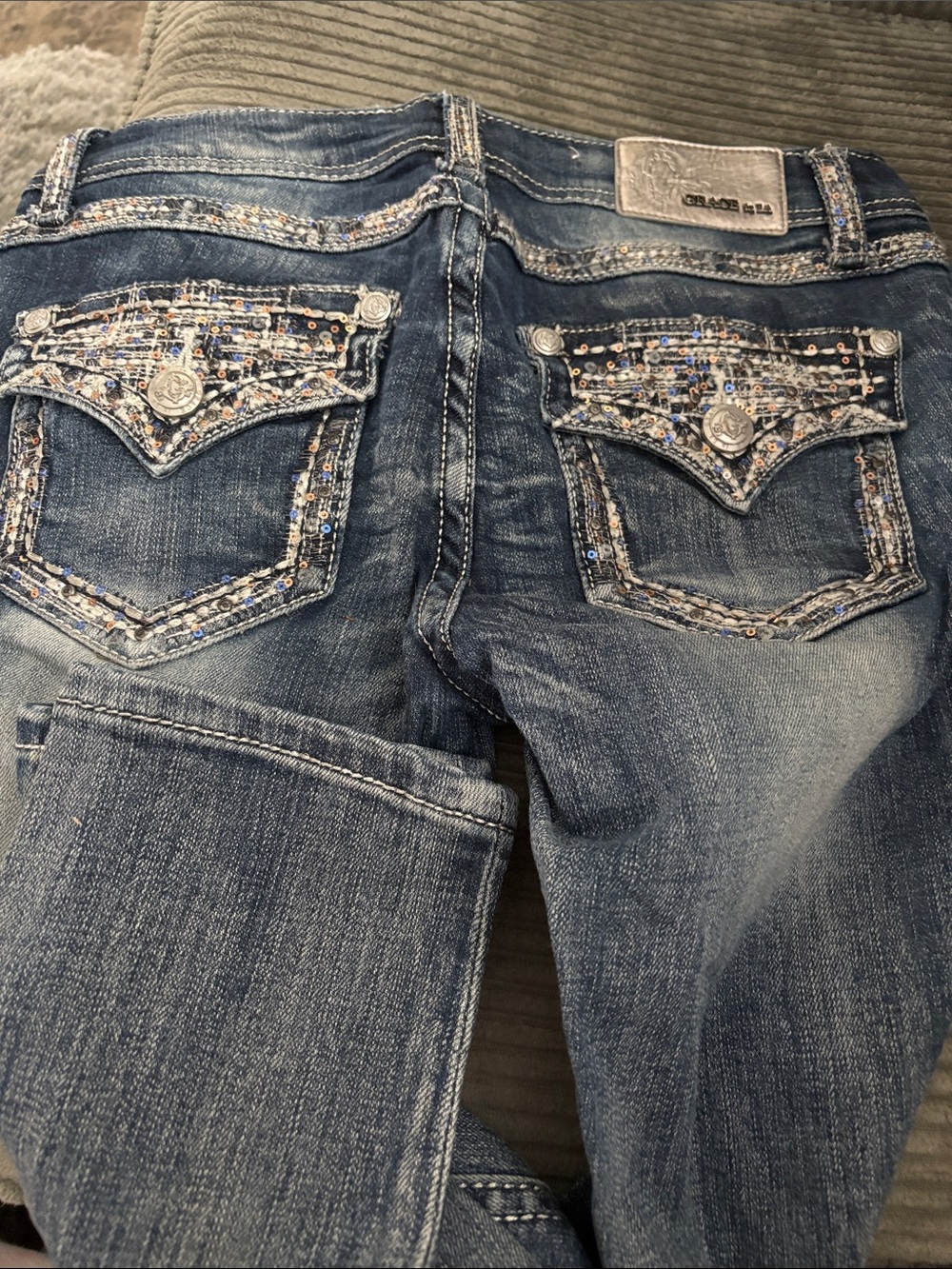Grace in LA Blue Skinny Jeans with Sequin-Embellished Pockets